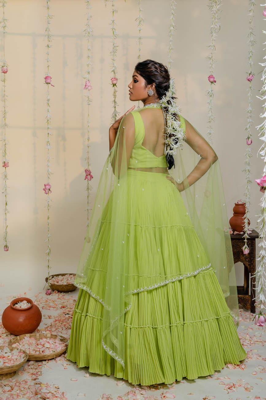 Pleated Embroidered Green Colour Lehenga